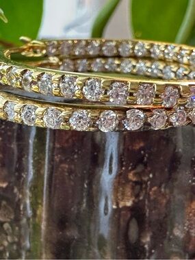 Vintage Inside-Out Crystal Hoop 925 Gold Tone Sparkling Tennis-Style Earrings